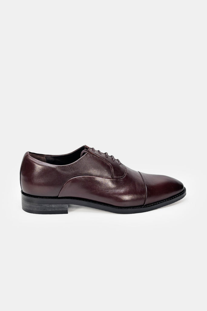 Brown leather dress shoe on a white background