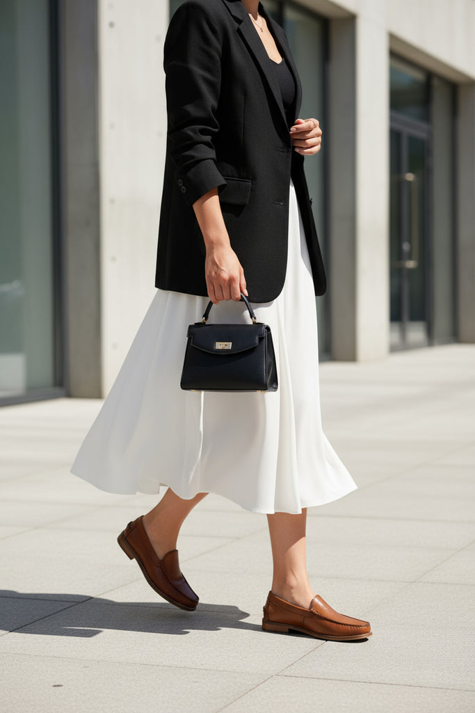 Person wearing a black blazer, white skirt, and brown shoes, holding a black handbag.