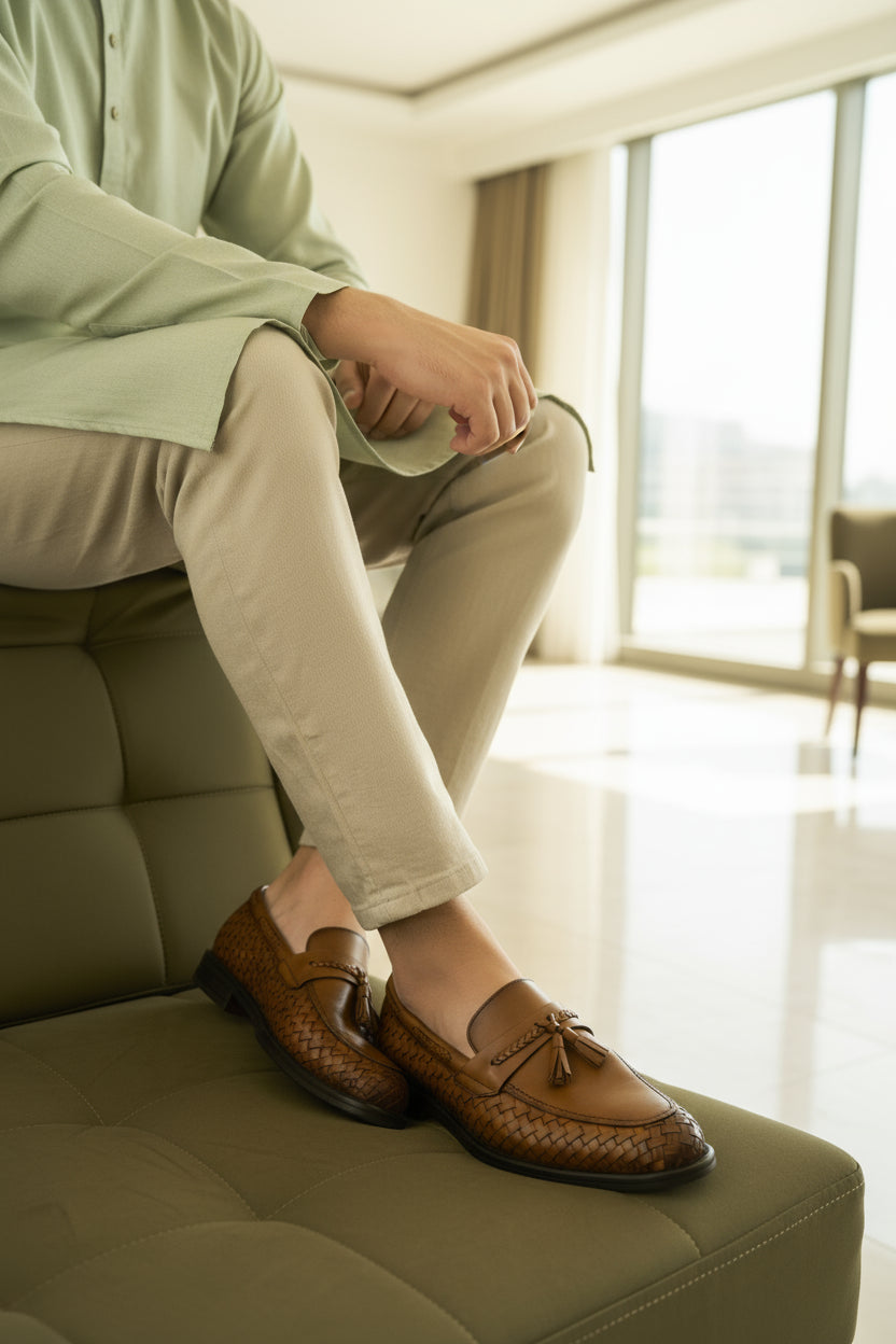 Person wearing brown loafers sitting on a couch in a bright room.