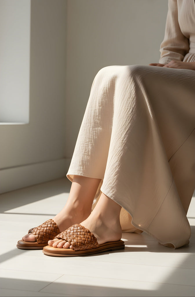 Person wearing woven sandals and light-colored pants sitting on a wooden floor.